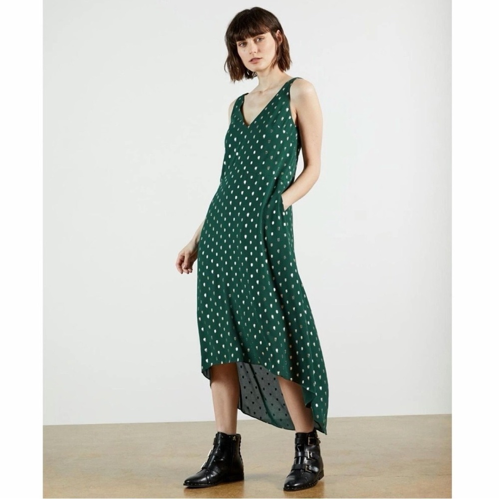 Ted Baker Cami Metallic Dot High/Low Shift Dress Green size 3/ US 8